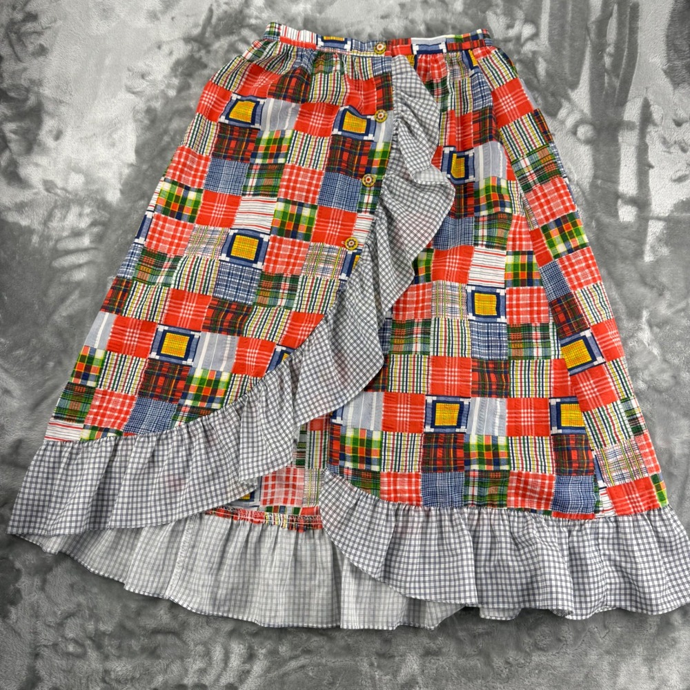 Vintage 70's Patchwork Plaid Ruffle Midi Skirt Boho Romantic Folk, High Waist - Picture 14 of 15